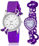 Acnos Polyurethane White Dial Purple Colors Diamond Analog Watch With Heart Bracelet For Girl Best Design Butterfly Combo 2 Pack Of 2, Purple Band