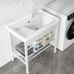 GGW Freestanding Laundry Sink, Ceramic Utility Sink with Washboard and Faucet, Laundry Tub for Laundry Room, Garage, Basement, Outdoor and Indoor, 28.3"W x 19"D x 32.3"H, White