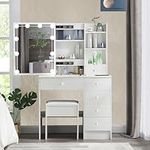 Vanity Desk with Lighted Mirror Makeup Vanity Table, Bedroom Dressing Table with 5 Drawers Large Storage Space, Vanity with Lights and Mirror Desk and Chair Make Up Vanity Set, White Small 3141