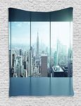 Ambesonne House Decor Tapestry Wall Hanging, Aerial View of A Big Crowded Modern City from the Office New York Buildings Urban Life Theme, Bedroom Living Room Dorm Decor, 60 x 80 Inches, Sky Blue