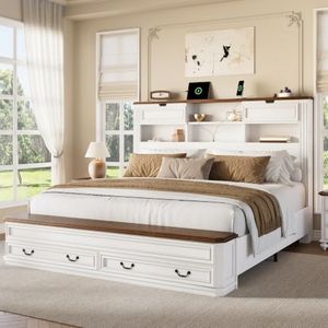 LARMACE Farmhouse King Bed with Headboard & Storage Bench, White/Walnut