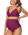 Charmo Maternity Swimsuit Women Two Piece High Waist Bikini Scallop Trim Bathing Suit Pregnancy Swimwear Wine Red M