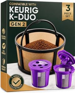 Reusable Keurig Duo Coffee Filter with 2 Refillable K Cups for Keurig K-Duo Hot & Iced (Gen 2) Single-Serve & Carafe Coffee Maker and K-Duo Essential Brewers by PureHQ - Replacement Mesh Basket Filter