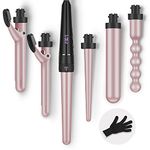 Curling Wand Iron Tongs 9mm-32mm PTC 6 in 1 Ceramic Barrels LCD 80°C-230°C Temperature Control (Pink)