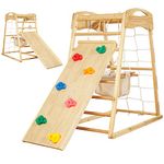 FUNLIO Indoor Climbing Frame for Toddlers 2-5, Montessori Wooden Swing and Slide Set for Kids, Outdoor Play Equipment for Children with Monkey Bars/Swing/Climbing Rock/Net/Ladder/Slide/Gymnastic Rings