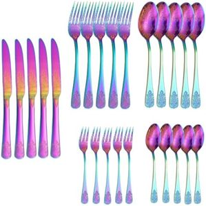 Stainless Steel Flatware Set, 20/30-Piece Silverware with Engraved Floral Design, Knife, Fork and Spoon, Silver, Gold, Rainbow (Colorful, 30 pcs)