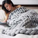 Settoo Chunky Knit Blanket Handmade Chunky Knit Blanket Gift for Christmas New Year Birthday (100x80cm, Grey)