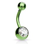 JEWEL BARREL Belly Button Bars Piercing Navel Ring Bar Body Jewellery Surgical Steel 14G 10mm Length with 1X Crystal Ball (Green)