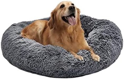 Dog Bed, Calming Donut Washable Pet Bed for Large Dogs up to 60lbs, Anti Anxiety Long Plush Faux Fur Round Dog Bed with Non-Slip Bottom