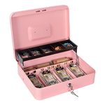 Cash Box with Money Tray and Lock - Ideal Money Box for Cash Register, Metal Cash Box with Lock, Large Lock Box for Money 11.8 x 9.4 x 3.54 Inches Pink