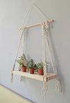 Decazone ® Macramé Wall Hanging Shelf Pine Wood Floating Shelve with Wooden Dowel Modern Chic Woven Décor for Dorm Living Room Nursery Beige 55 x 43cm