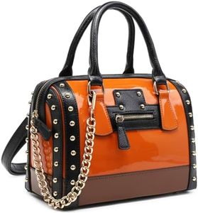 Dasein Women's Barrel Bag Shiny Patent Faux Leather Handbag with Rivet Decoration Top Handle Satchel Shoulder Purse (Small Orange)