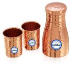 AzeeSo Crafts Copper Bedroom Bottle/Jar/Bedside Carafe/Water Vessel Pot for Water Storage with 2 Glass 1 Litre