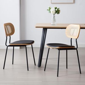 Wahson Sillas de Comedor de Madera Juego de 2 Sillas Cocina con Respaldo,Sillas de Rattán Patas Metálicas Sillas de Salón Cojín de PU para Hogar/Salón/Restaurante,Negro