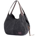 DOURR Women's Multi-pocket Shoulder Bag Fashion Cotton Canvas Handbag Tote Purse (Black - Medium Size)