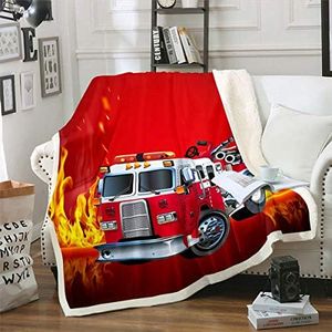 Firefighter Truck Sherpa Blanket Firemen Car Vehicle Fleece Throw Blanket for Bed Couch Sofa Children Bedroom Decor Fire Engine Pattern Plush Blanket Red Fuzzy Blanket King 87"x95"