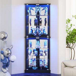 Lamtor 72" Corner Display Cabinet with Glass Doors, 6-Tier Showcase Curio Cabinet for Collectibles with Dynamic LED Lights, Modern Display Case for Living Room, Black