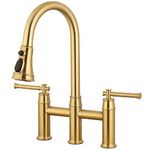 Brushed Gold Bridge Kitchen Faucet with Pull Down Sprayer, Lava Odoro 8 Inch Center Brass Kitchen Faucet 2 Handle, Spot-Resistant, KF501-SG