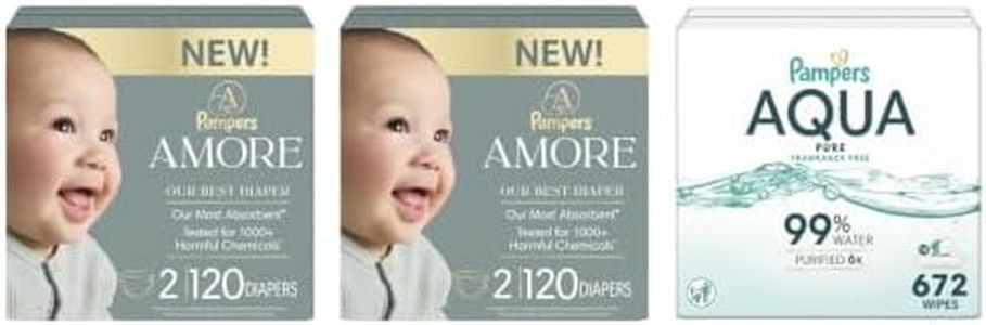 Pampers Amore Diapers Size 2, 2 x 120 Count, with Pampers Aqua Pure Water Based Baby Wipes 12X Flip-Top Packs (672 Count)