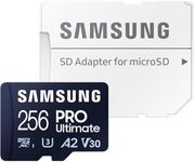 SAMSUNG PRO Ultimate 256GB microSD Memory Card + Adapter, Up to 200 MB/s, 4K UHD, UHS-I, Class 10, U3,V30, A2 for GoPRO Action Cam, DJI Drone, Gaming, Phones, Tablets