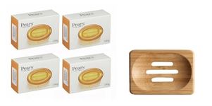 Pears Pure & Gentle Transparent Soap Bar 4x100 g (Natural Oils)+ Dr Cosi Natural Wooden Bamboo Soap Dish Storage Holder