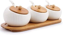 Leeonz® Porcelain Condiment Jar Spice Container with Lids - Bamboo Cap Holder Spot, Ceramic Serving Spoon, Wooden Tray - Best Pottery Cruet Pot for Your Home, Kitchen, Counter. White,170 ML, Set of 3