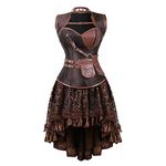 Grebrafan Steampunk Steel Boned Brocade Bustiers Corset Skirt Set with Jacket and Belt (UK(10-12) L, Brown)