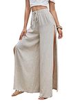 WDIRARA Women's Tie Front Elastic Waist Split Side Wide Leg Casual Pants, Khaki, Small