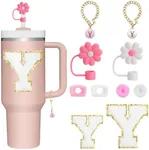 BABORUI 10Pcs Cup Accessories for Stanley Cup 40oz&30oz, Personalized Decoration with Straw Cover Cap, Spill Stopper, Embroidered Letter Sticker and Letter Charms, Initial Name ID for Stanley (Y)