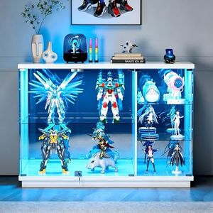 Gurexl 47.2" W Glass Display Cabinet with 3-Color LED Lights, 5-Tier Lockable Curio Cabinet with Human Body Sensor & Charging Station, Display Case for Collectibles, Living Room, Kitchen, White