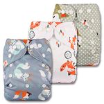 Littles & Bloomz, Reusable Pocket Cloth Nappy, Fastener: Popper, Set of 3, Patterns 309, with 3 Bamboo Inserts