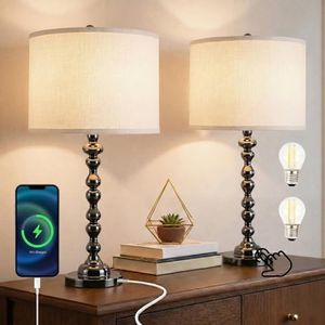 ARGO-HOME Modern Gourd Table Lamps Set of 2, Touch Control Bedside Lamp for Nightstand with USB Ports, 3-Way Dimmable Nightstand Lamps for Living Room Bedroom Table, Black