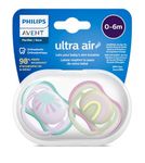 Philips Avent Ultra Air Soother - 2 x Light, Breathable Baby Soothers for Babies Aged 0‑6 Months, BPA-Free with Steriliser Carry Case (SCF085/59)