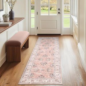JINCHAN Rug 61x152 Runner Rug Washable Kitchen Mat Low Pile Vintage Rug Hallway Rug Pink Floral Print Non Slip with Rubber Backing Ultra-Thin Rug Entryway Bathroom Laundry Room Bedroom Farmhouse