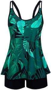 Womens Plus Size Swimsuit Push Up Floral Tankini Removable Padded Two Piece Bathing Suits Dark Green Leaves Printed 24W