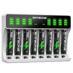 BATZONE Battery Charger with 8 x AAA Batteries, Intelligent LCD Screen Battery Charger, for NI-MH/NI-CD Batteries, 8 Bays Individually Charger for AA AAA Rechargeable Batteries