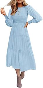 ZOOMOON Women's Casual Long Sleeve Fall Dress Crew Neck Smocked Hight Waist Flowy Maxi Tiered Dresses, Light Blue, Small