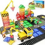 Magnetic Tiles Magnetic Construction Set with 2 Cranes Boys Toys for Ages 3-5 5-7 8-10 Building Toys Includes Crane, Road Tracks, Train, Train Tracks, Dolls, Car Toy, Traffic Lights and Stations