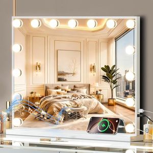 Vanity Mirror with Lights 24X18 in, Hollywood Lighted Makeup Mirror with 15 Dimmable LED Bulbs for Dressing Room & Bedroom, 3 Light Modes with10X Magnifying Mirror，Slim Metal Frame Design, AC-Powered