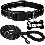 PAWPRO HANDMADE Reflective Dog Collar with Customizable Bone-Shaped Tag – Adjustable for Safety and Comfort, Fits 35-50 cm Neck – Black (Black, 15-25 inch)