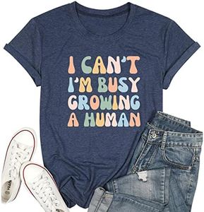 Tewmeu Mama Shirt for Women I Can't I'm Busy Growing A Human Shirt, Funny Pregnancy Shirt, Blue, XX-Large