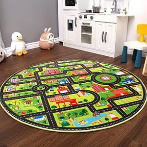 Zacoo Kids Rug 4ft Round Rug Baby Play Mat City Life Playmats Roads Traffic Soft Learning Circle Rug Play with Cars and Toys Toddlers Fun Learning Play Carpet for Bedroom Nursery Playroom Classroom