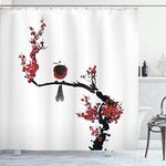 Ambesonne House Decor Collection, Bird on Cherry Tree Summertime Classic Asian Painting Style Illustration Print, Polyester Fabric Bathroom Shower Curtain Set with Hooks, Black Red