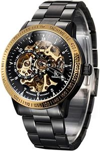 Alienwork IK Automatic Watch Men Women Skeleton Glass Base, Black/gold/black/gold clockwork/metal strap black, Bracelet