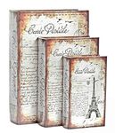 Bellaa 28069 Decorative Book Box Paris Eiffel Tower Vintage Hidden Invisible Secret Storage Heavy Bookends Bookshelves Support End Magnetic Cover Stash Designed Wood Flux Leather Gift Set of 3