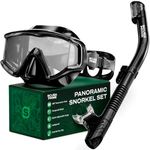 Pano 3 Snorkeling Set with Dry Top Snorkel, 180° Panoramic Dive Mask Tempered Glass Three-Window Scuba Mask, Foldable Silicone Tube Anti-Leak Gear for Men Women Teens Adults, Black - Classic Stealth