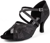 GOKTUR Women's Salsa Latin Dance Shoes with Rhinestones - 3" Heel Black