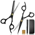 ONTAKI Hair Cutting Scissors Thinning Shears Kit - 7” Overall Length Professional Hair Scissors Set - Japanese Steel Hair Shears with 1 Comb & Pouch - Razor Edge Barber (Black)