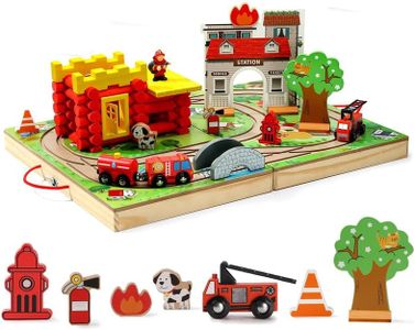 SainSmart Jr. Wooden Train Set 66 PCS, Portable Fire Station Log Cabin, Take-Along Tabletop Railroad with Building Block for Toddlers and Kids Ages 3+, Wood