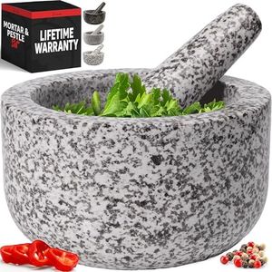 Heavy Duty Natural Granite Mortar and Pestle Set, Hand Carved, Make Fresh Guacamole, Salsa, Pesto, Stone Grinder Bowl, Herb Crusher, Spice Grinder, 4 Cup, White